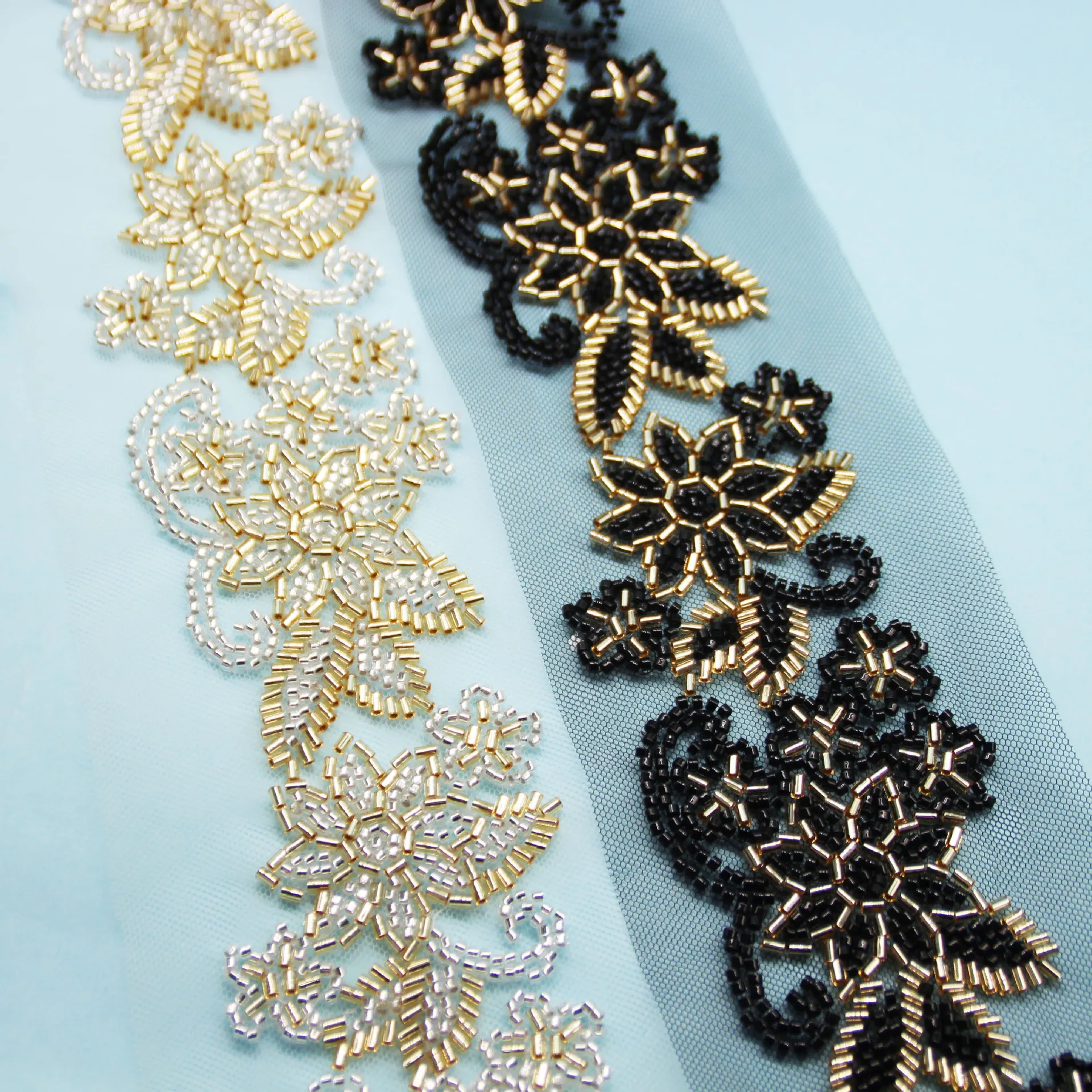

Gold Classical Beaded Lace Trim with Glass Beads Lace Ribbon for DIY Party Dress Wedding Accessories