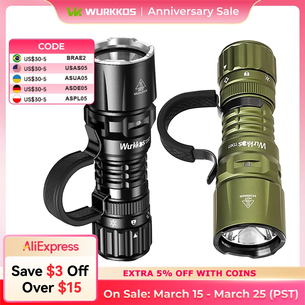 Wurkkos TD07 Powerful 1300LM IP68 Waterproof Tactical Flashlight USB-C Rechargeable Torch 3 Modes SFT-25R Bead for Emergency