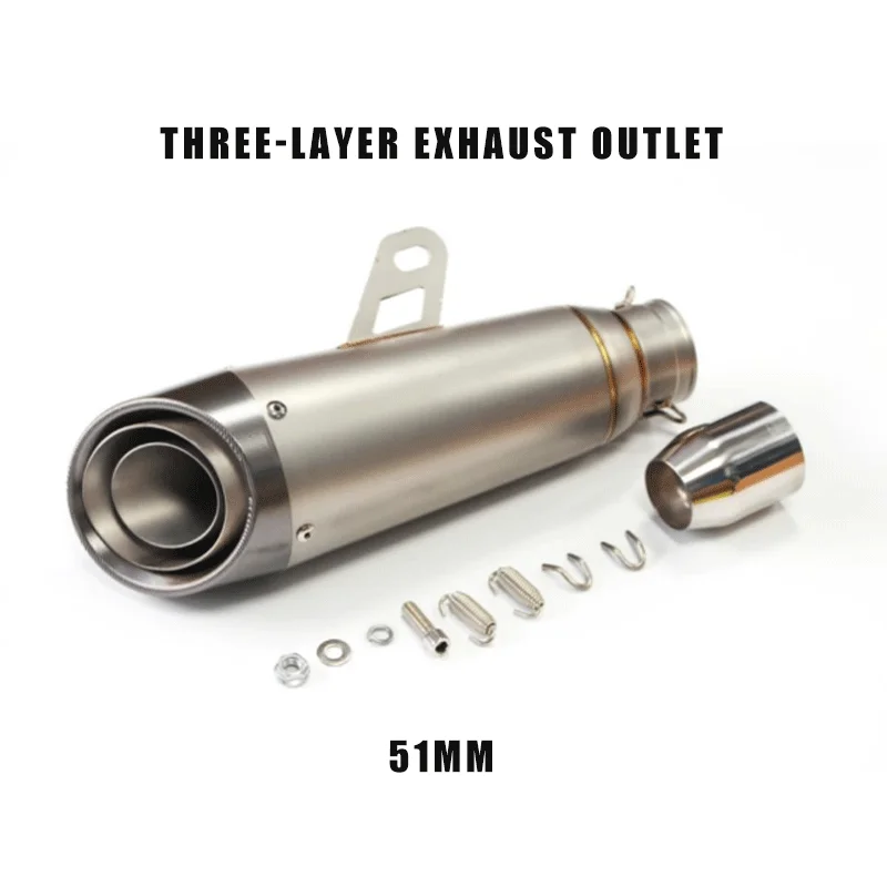 51mm Exhaust Outlet Motorcycle Slip‑on Tail Pipe Three‑Layer Titanium Alloy Exhaust End Pipe Universal Modified Escape With Moun