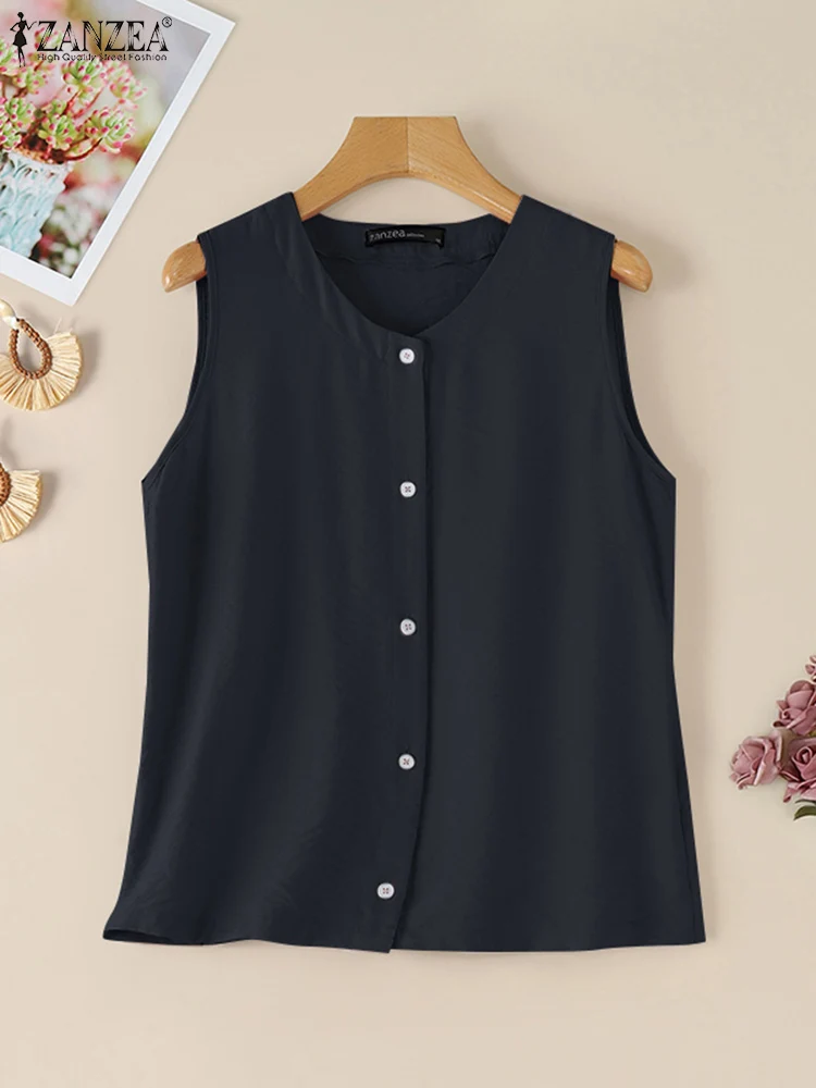 ZANZEA Fashion Summer Elegant Solid Beach Camis Casual O Neck Sleeveless Blouse Women Tanks Tops Work Shirt Female Blusas Mujer