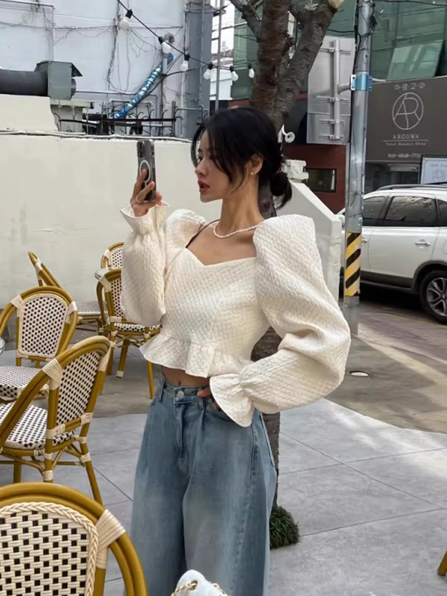 

Женская блузка Ele Color Square Collar Bubble Sleeve, новая коллекция ранней весны, свободный крой, универсальная, в корейском стиле