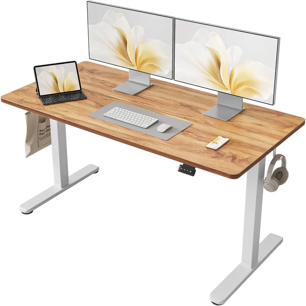 โต๊ะทำงานไฟฟ้าปรับระดับความสูงได้ ขนาด 55x24 นิ้ว แผ่นไม้ประกบ โครงสีขาว ท็อปโต๊ะสีน้ำตาลเรียบง่ายสำหรับโฮมออฟฟิศ