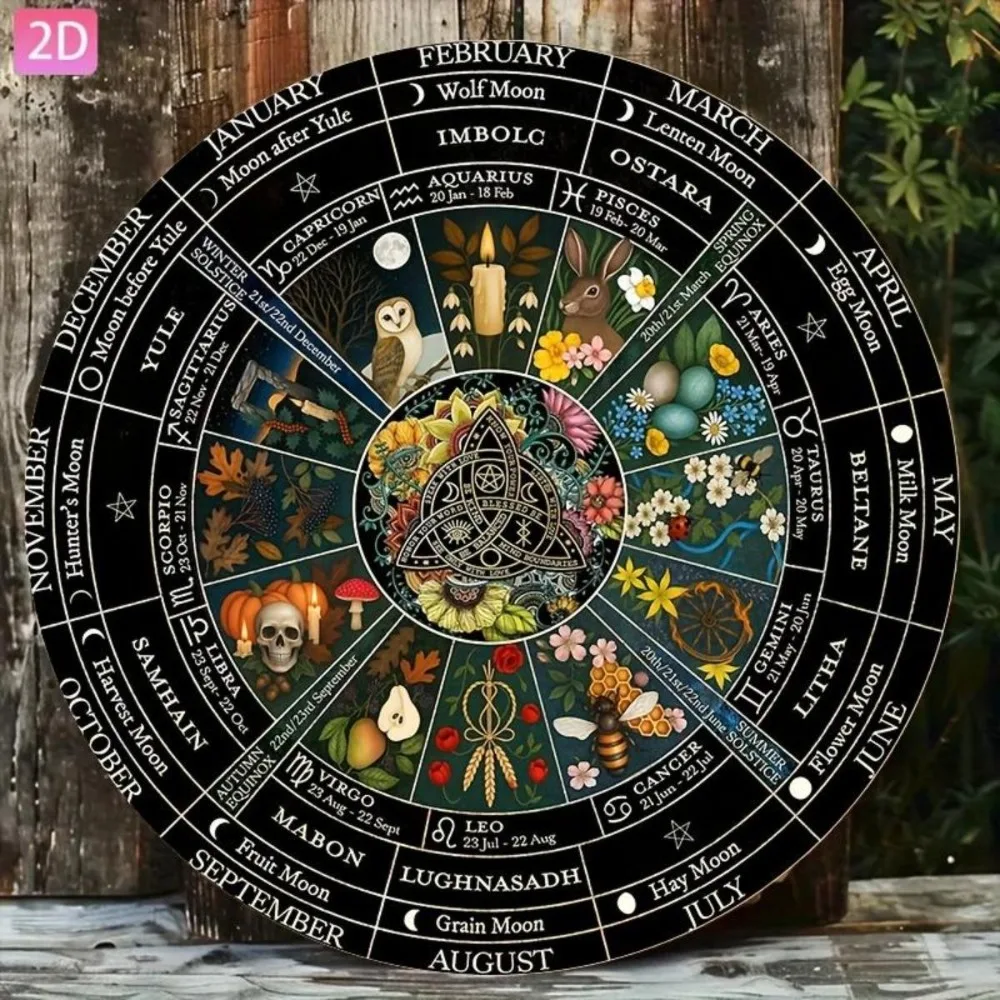 2D Flat Wheel of the Year Round Metal Tin Sign - Pagan Wiccan Zodiac Moon Themed Wall Decor, Spiritual Witchcraft Art for Altar,