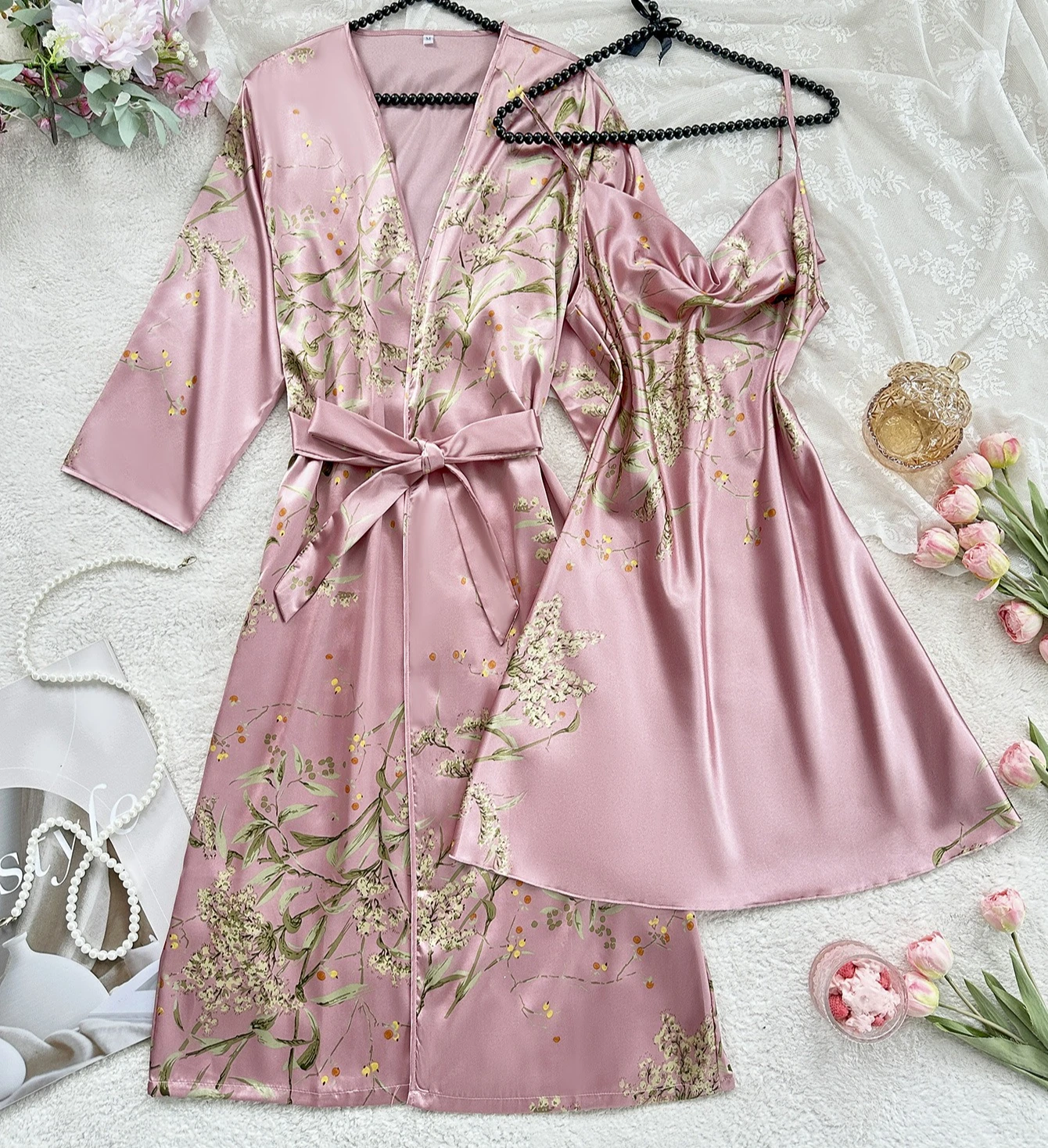 

Summer Women 2PCS Robe Nightgown Set Print Flower Kimono Bathrobe Gown Suit Sleepwear Satin Home Dress Nightwear Loungewear