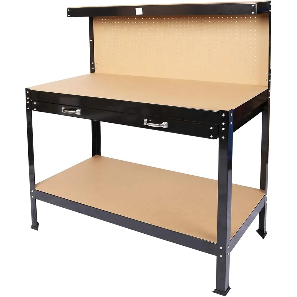 63 Banco de trabajo resistente con tablero perforado, cajón y capacidad de 300 lb: perfecto para talleres y garajes