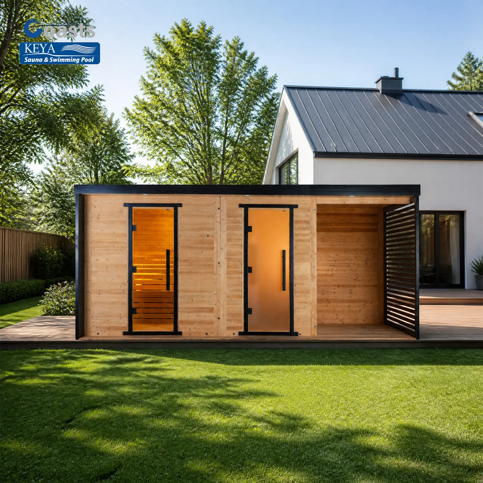 Open Porch Design Thermo Pine Sauna House With Louvered Airflow Wall For Summer Cooling And Winter Heat Retention Luxury
