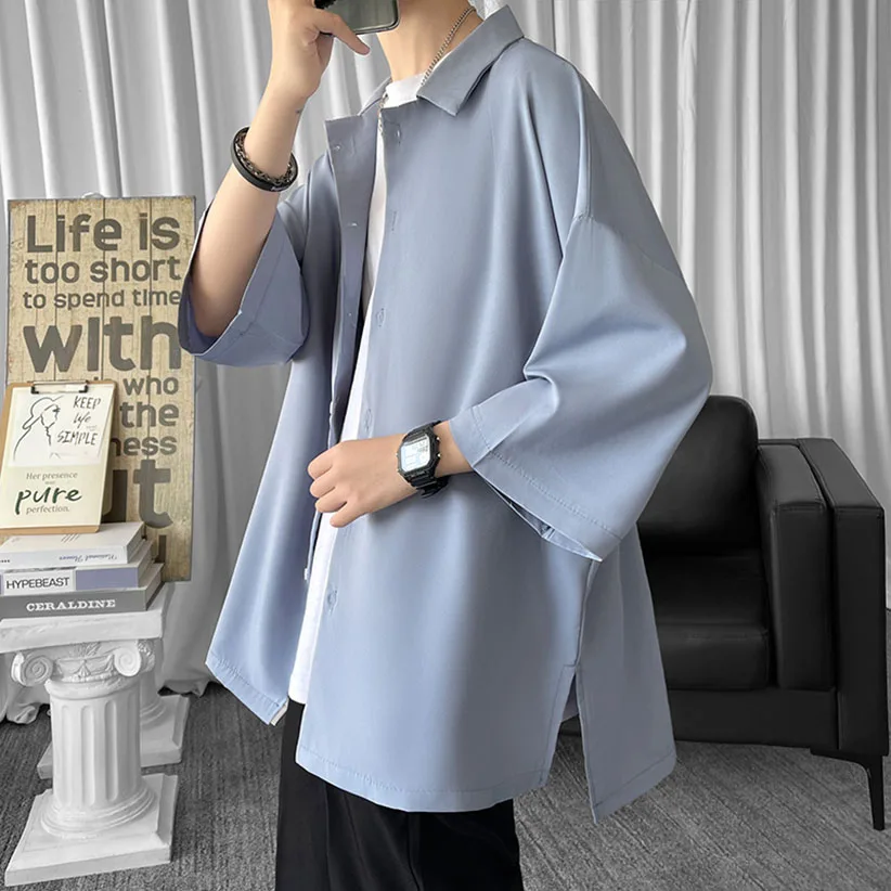 

Мужская футболка с коротким рукавом и боковыми разрезами, мягкая, молочно-голубая, модный дизайн, повседневная, летняя, молодежная, свободного кроя