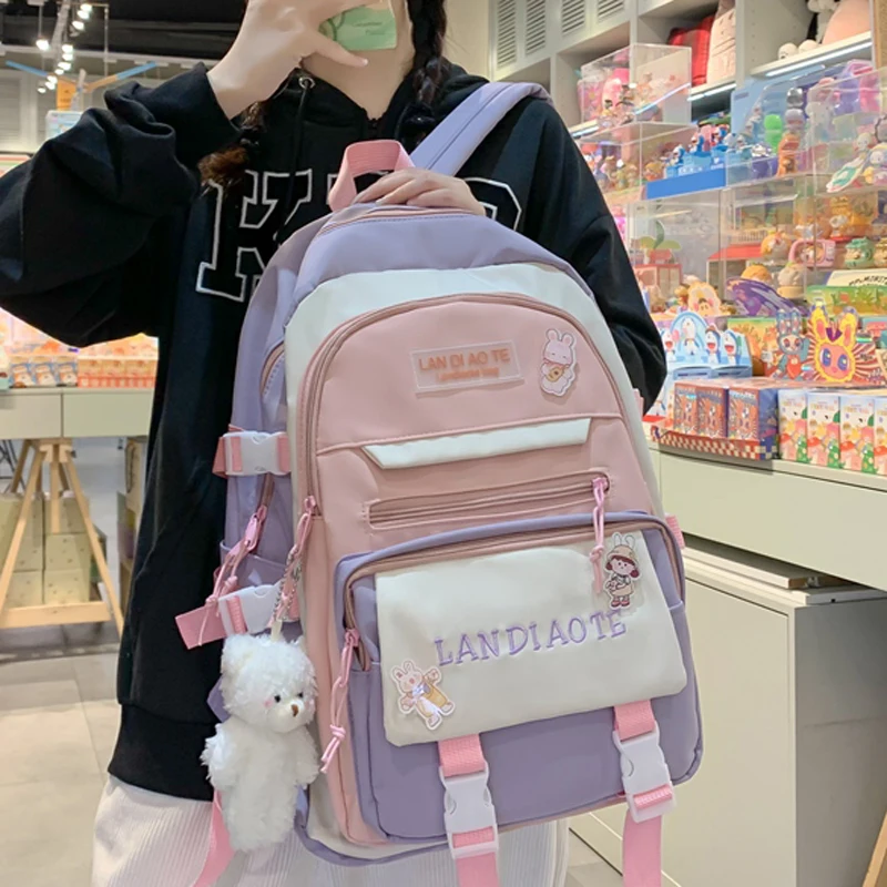 Fashion Kawaii Schoolbag for Teenage Waterproof Nylon Girls Bagpack Cute Women Laptop Backpack Travel Bag Black Pink Bookbag