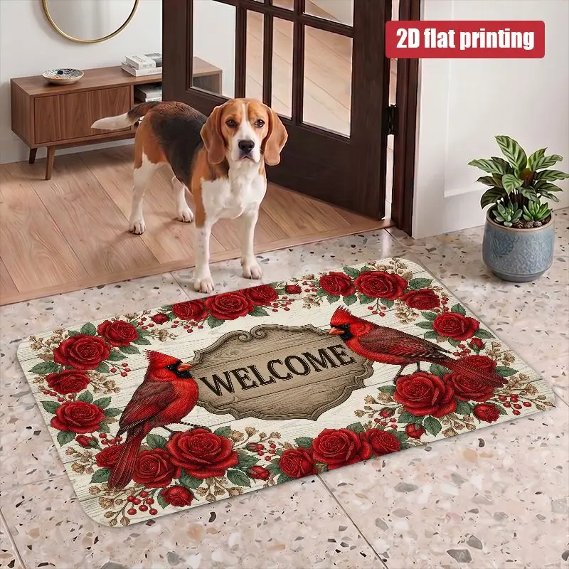 Welcome Doormat Red Roses Floral Bird Print Porch Mat Entrance Rug Hallway Decor Cottage Style Polyester Durable Synthetic Polye