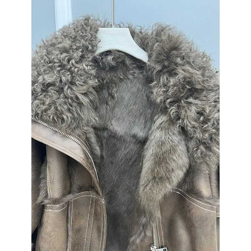 Winter New Korean-style Faux Rabbit Fur and Faux Fur Coat for Women Short Copy Beach Wool Collar and Thickened Coat in One Piece