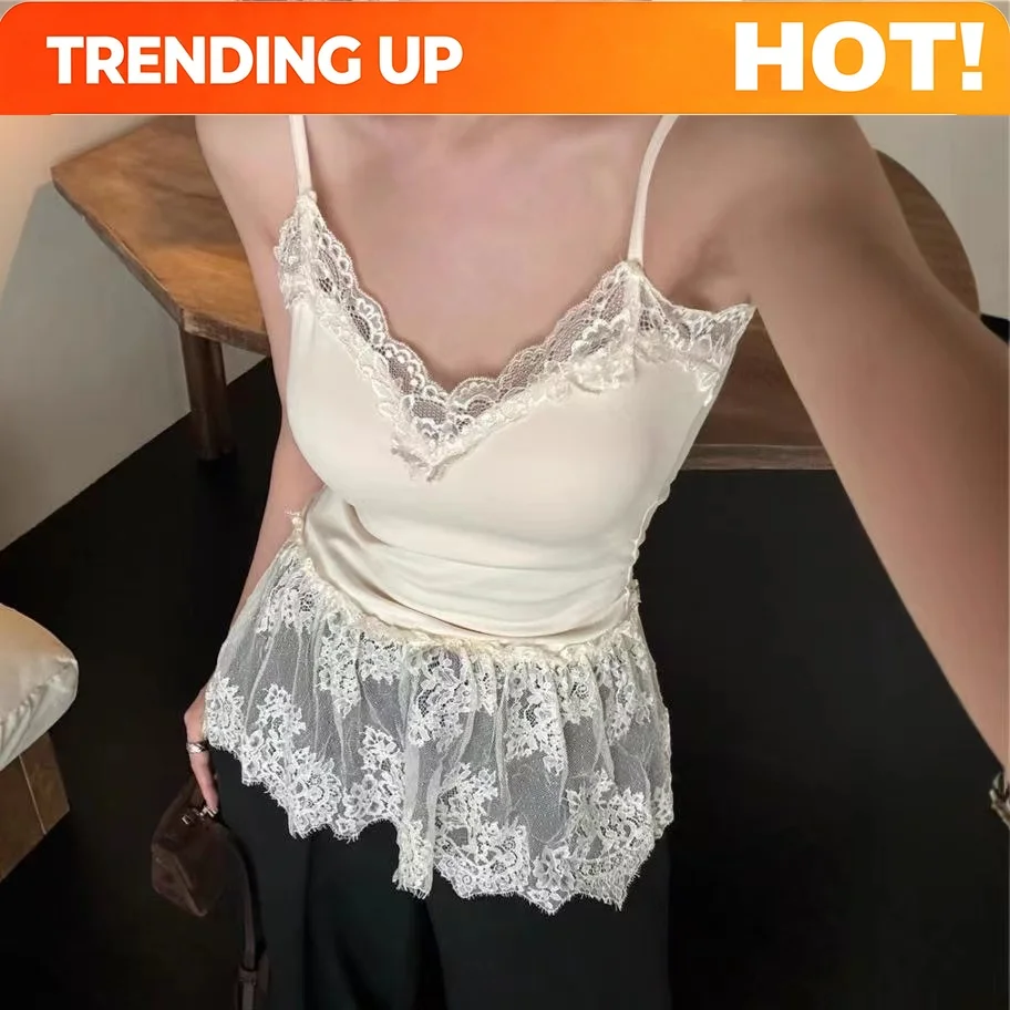 Customization Korean Style Sexy Lace Sleeveless Crop Cami Top Women 2026 Summer Mesh Layer Tank Top Y2K Clothes Ruched Skinny Ba