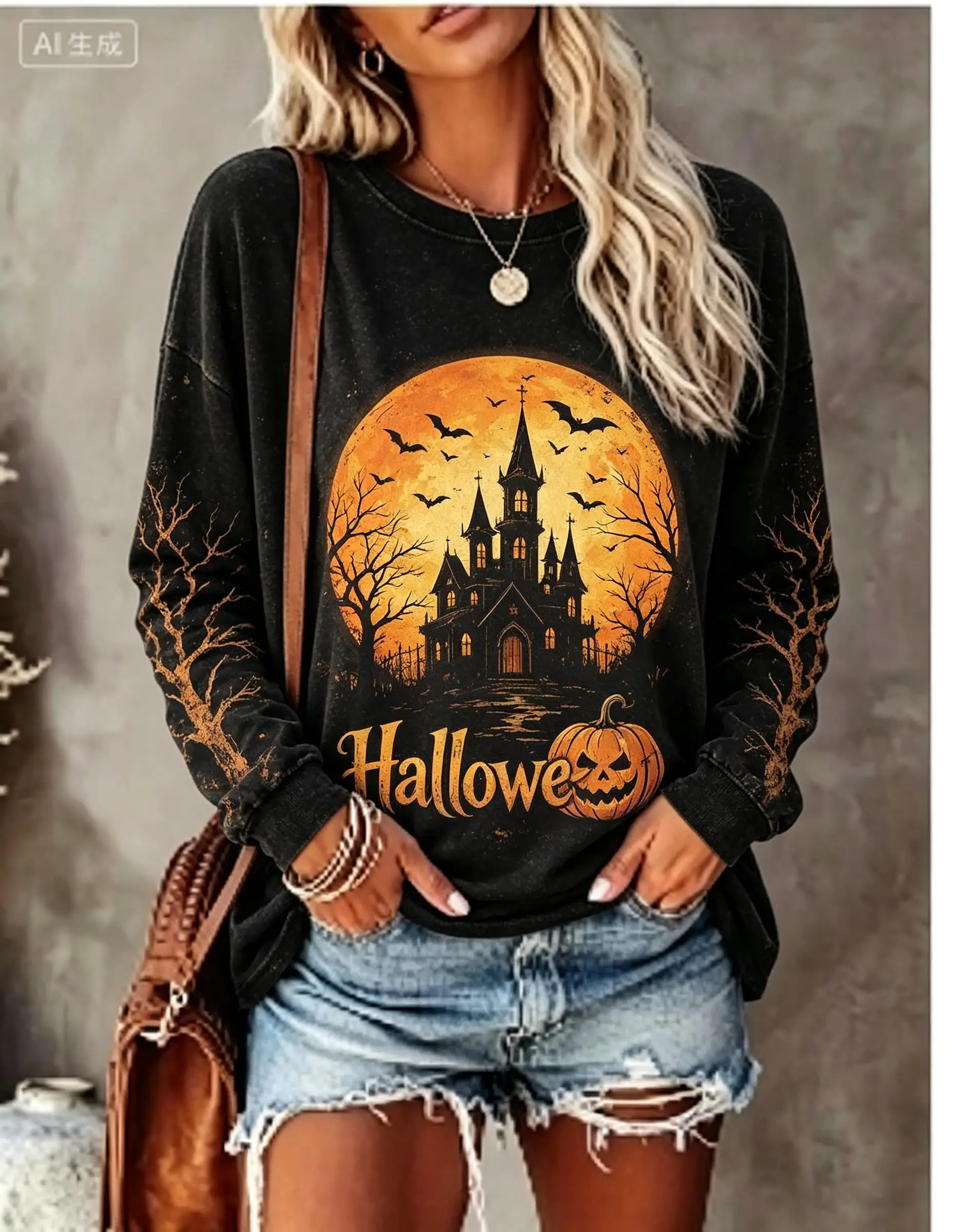 Women Halloween Long Sleeve T‑Shirt Full Moon Haunted Castle Bat Rose Gothic Print Crew Neck Tops