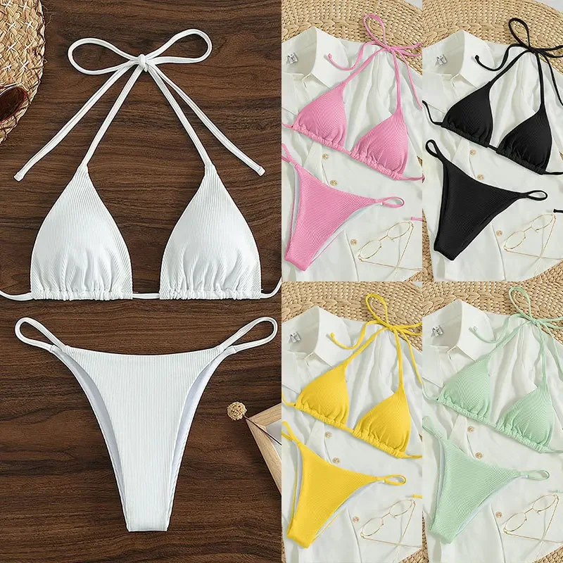 Maillot de bain à lacets taille haute pour femmes, 11 couleurs, sexy, simple, solide, col licou, bikini, pour la plage, tissu spécial à rayures, 2024