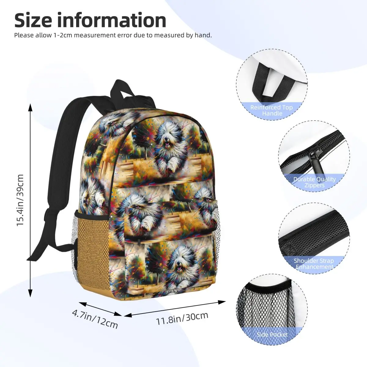 Old English Sheepdog Dog Portrait Acrylic Art Backpack Student Boys Girls BookBag Men Women School Bag Computer Shoulder Bags