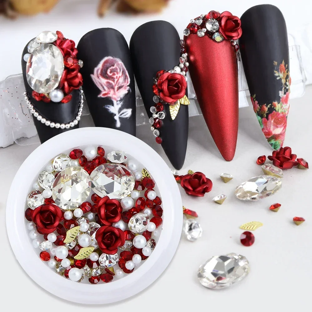 3d vermelho rosa arte do prego encantos flatback flor pérola grande diamante unhas decoração de luxo strass arte do prego jóias diy acessório