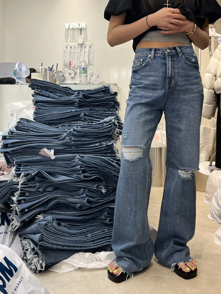 Vintage Dames Gescheurde Mid Taille Boyfriend Jeans Losse Pasvorm Lange Denim Broek Gaten Wijde Pijpen Rechte Jeans Vrouw