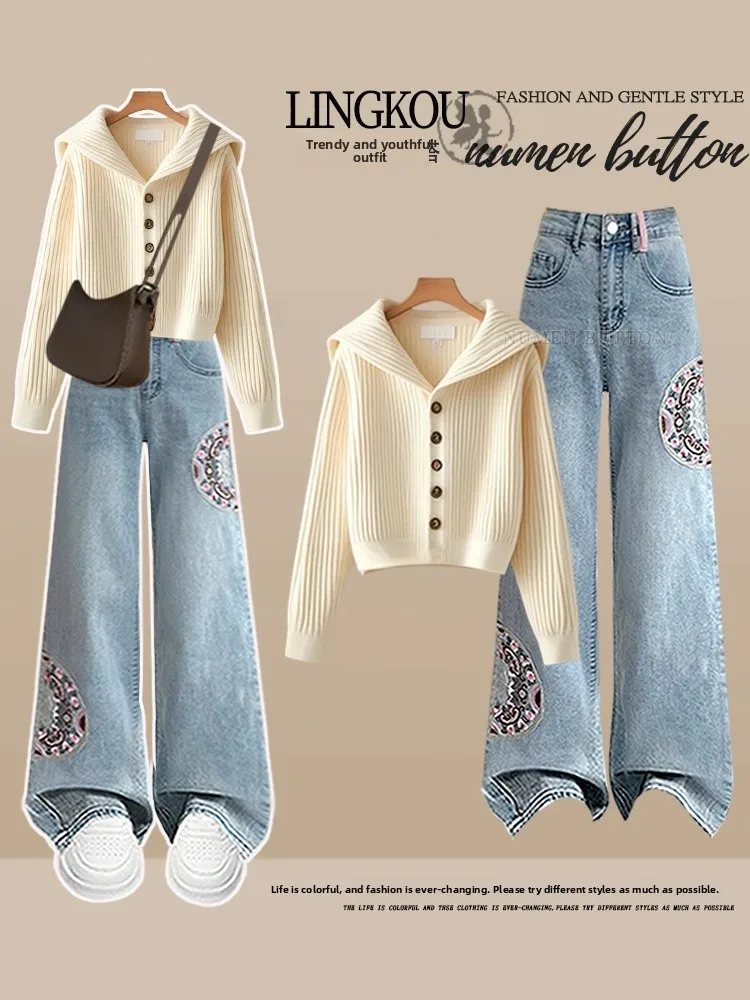 

Elegant plus Size Spring Outfit Women's Korean Style Soft Knitted Sweater with Slimming Jeans Two Piece Set Fashionable Ensemble