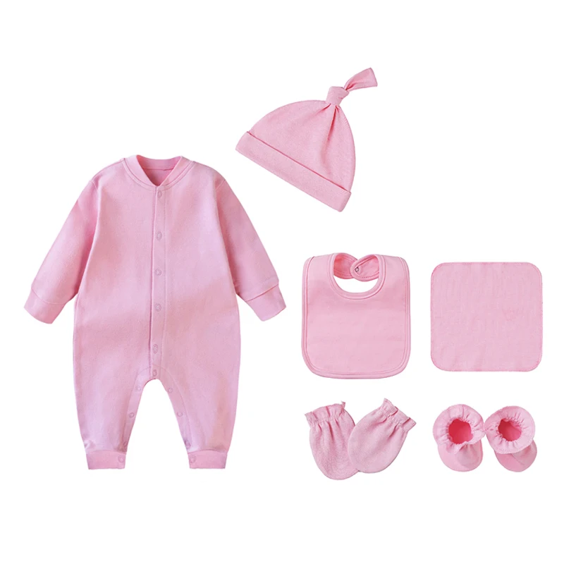 6Pcs/Set Newborn Baby Girls Clothes Set Cotton Pink Soft Underwear Infant Boy Outfits Plain Girl Romper+Bib+Hat Toddler Clothing