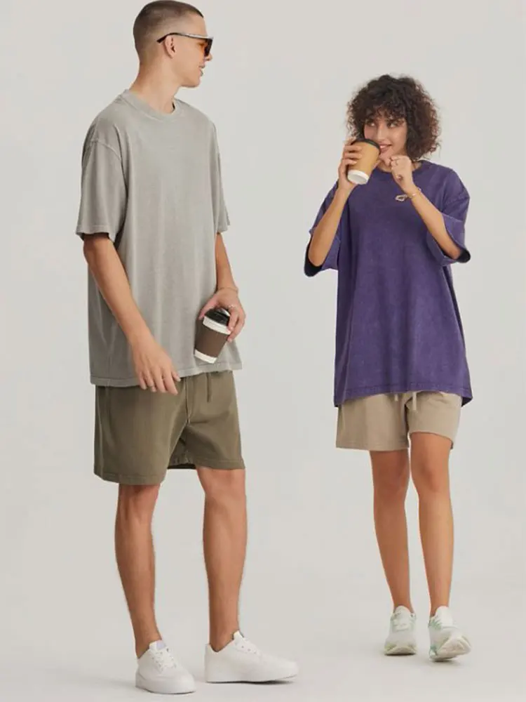

Men's Cotton T-Shirts Oversized Unisex Short Sleeves Casual Loose Wash Solid Basic Tee Tops