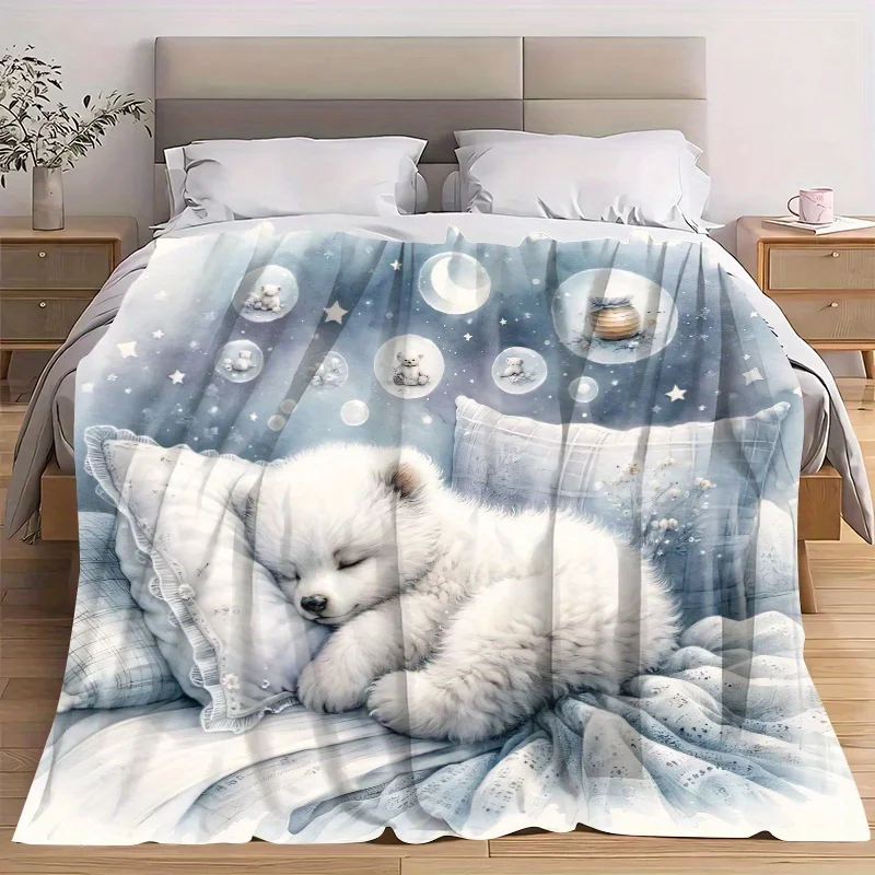 Sleeping Polar Bear Flannel Blanket, Arctic Themed Soft Throw, All Season Cozy for Home Travel, Animal Lover's Gift Idea