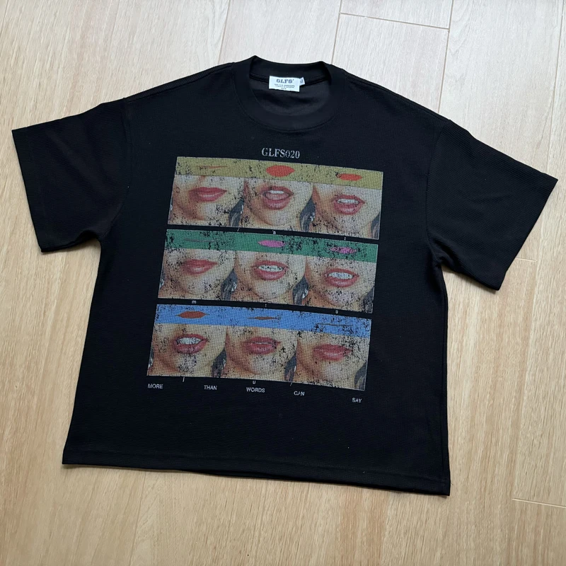 Sexy Women's Lip Print Waffle Short Sleeve T Shirt Men Women Unisex Black Apricot Quick Dry Breathe Loose Casual T -shirt Tops