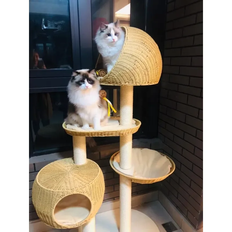 Large Wooden Cat Tree with Vertical Sisal Scratching Post Apartment Climbing Frame Pet Toy for Big Cats Durable Hemp Scratch