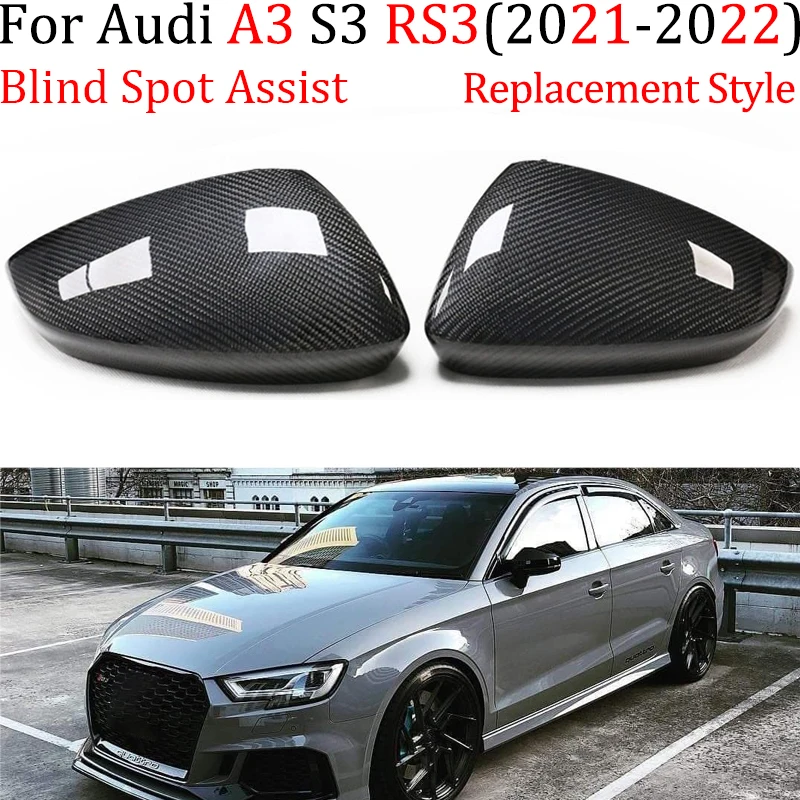 Real Carbon Fiber For Audi A3 S3 RS3 2021 2022 2023 LHD Car Side Mirror Cover Cap Blind Spot Assist Hole Replacement Add On