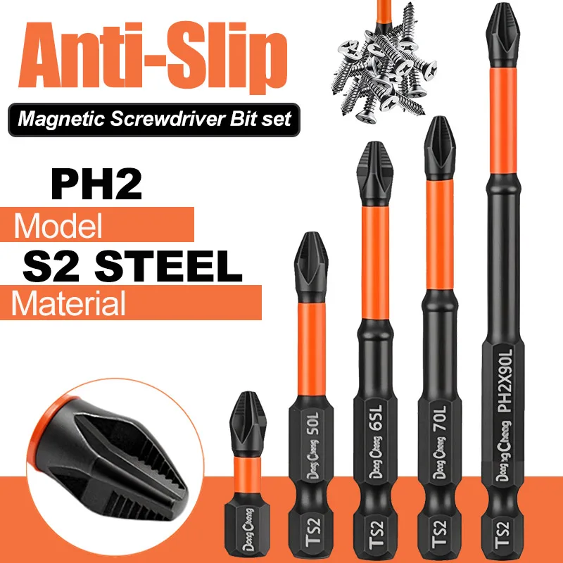 Conjunto de Pontas de Chave de Fenda Antiderrapantes PH2 TS2, Magnéticas de Alto Torque, Aço Resistente a Impactos, Haste Hexagonal, para Ferramentas 