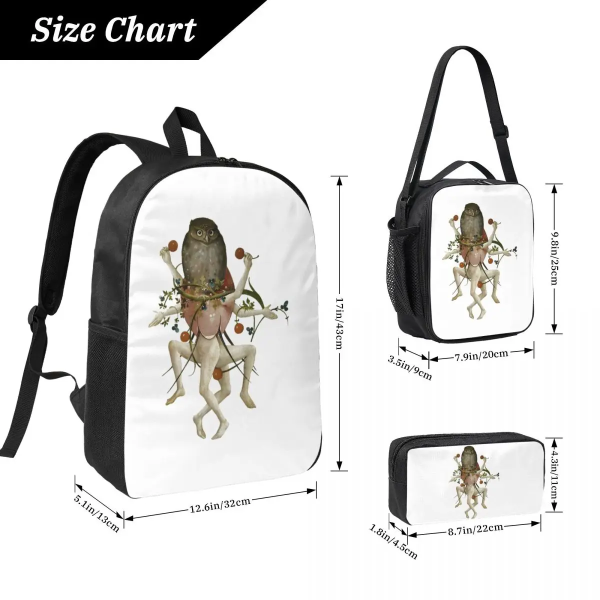Hieronymus Bosch Dancing Owl Backpack Student BookBag School Bag Laptop Shoulder Bags 3ps Insulated Lunch Bag Pencil Case