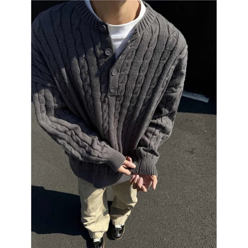 

Свободный вязаный мужской свитер с воротником Генри, весна-осень, внутренняя одежда, база irt Twist Weave, повседневный модный китайский бренд