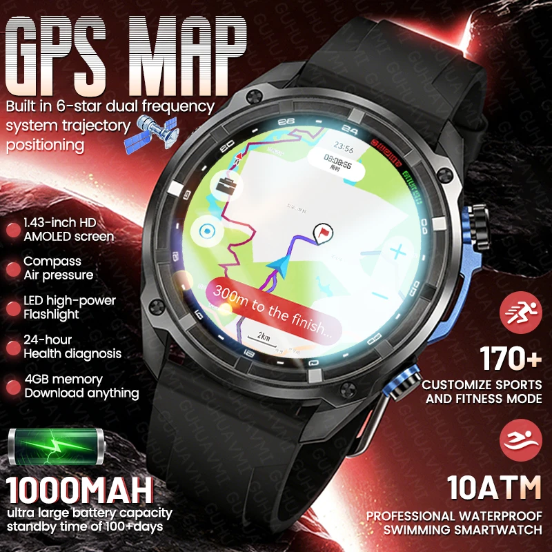 2026 New GPS Map Upgrade Smart Watch Outdoor 1000mAh Battery 10ATM Waterproof 4GB Memory BT Call Men Sports AMOlED HD Smartwatch