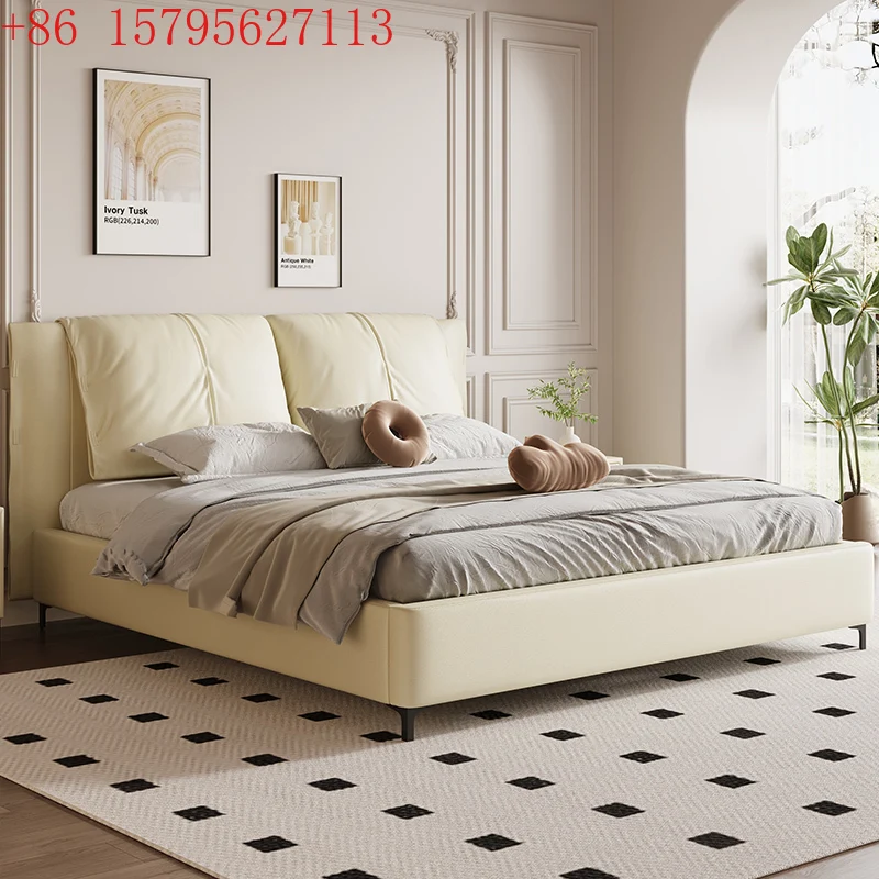 Master Bedroom Double Bed Solid Wood Bed 2 People Furniture Modern Minimalist Italian Gentle Style Nappa Leather Full Backrest