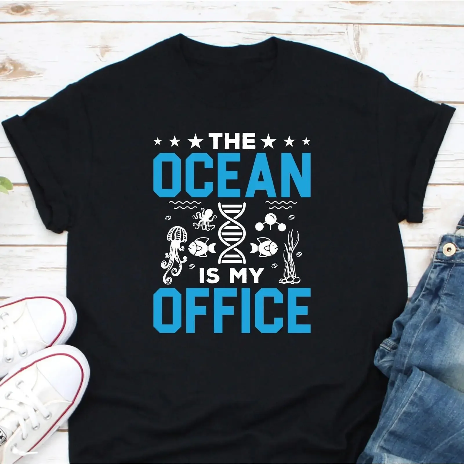 The Ocean Is My Office T Shirt Funny Marine Biologist Science Lover Life Animal Casual  vintage Washed graphic Soft