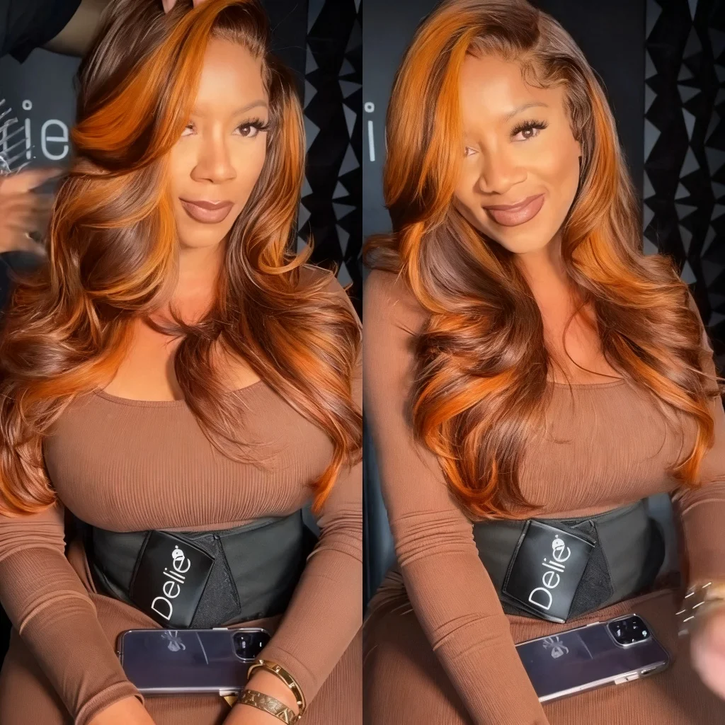 لا الحرير # 4/350 النحاس الأحمر تسليط الضوء على أومبير الجسم موجة شعر مستعار شعر الإنسان الفيتنامية الزنجبيل مختلط البني 5x5 الدانتيل أمامي غلويليس الباروكات