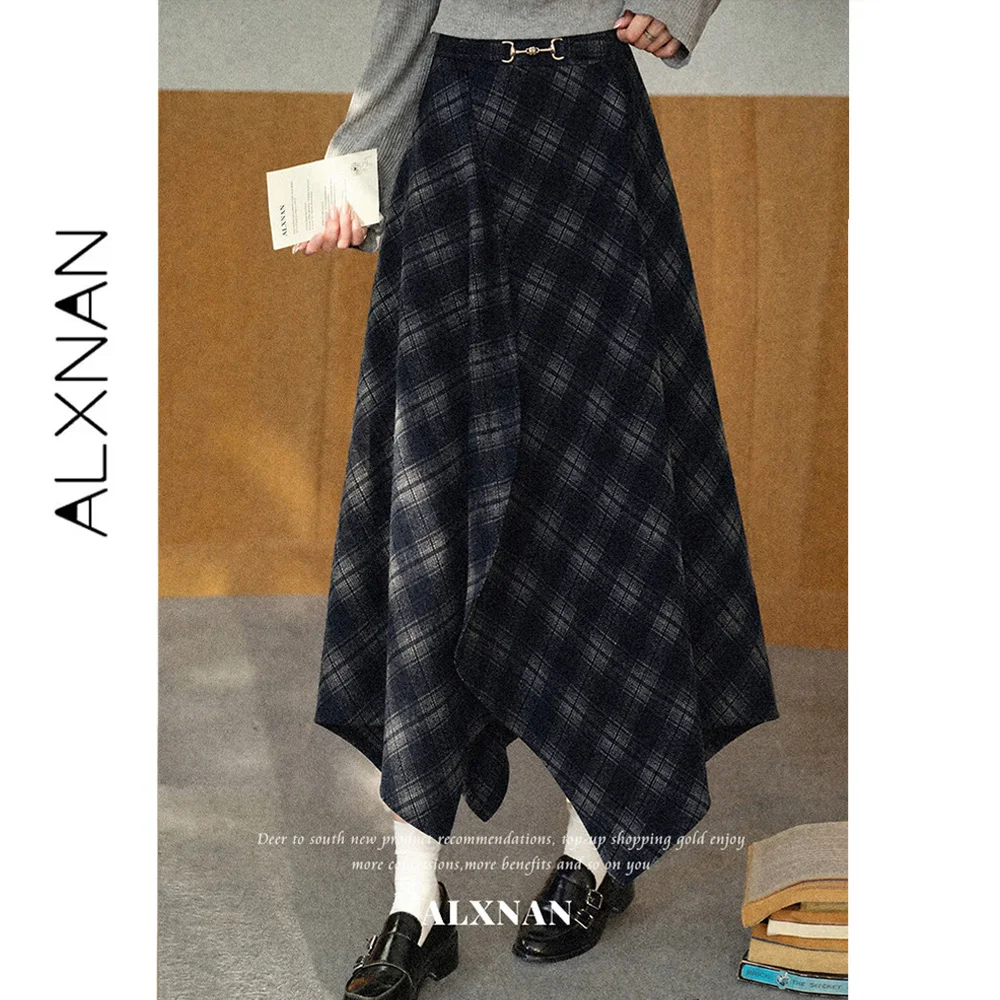 ALXNAN Blue Plaid Skirt 2026 High Waist Irregular A-line Hem Design Skirts Elegant Loose-fit Ladies Vintage Clothing DYL662991