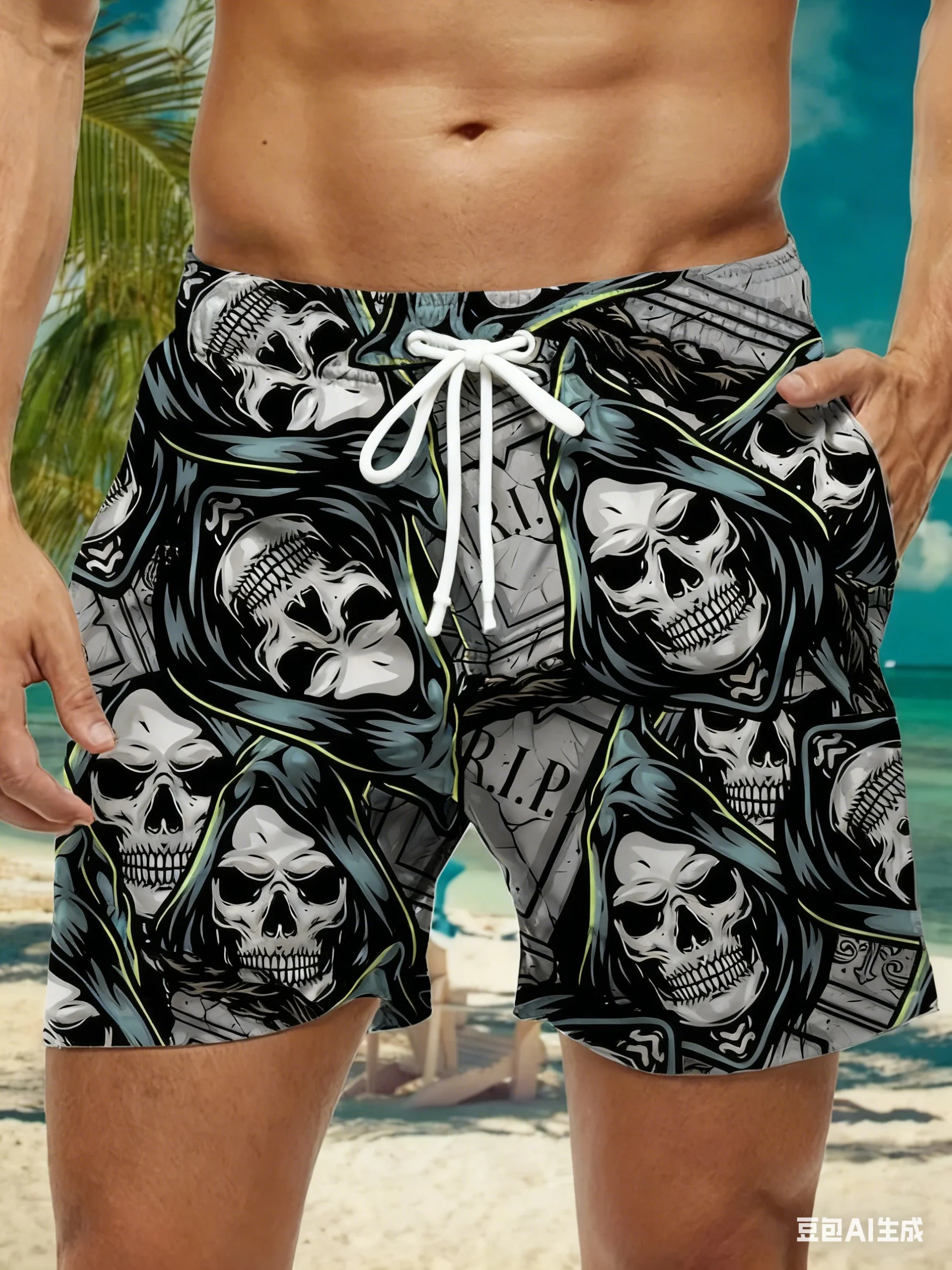 

Men's Pirate Skull Pattern Swimsuit Japanese Fish Hawaiian Shorts Men's All-Season Swimming Trunks With Drawstring Casual Shorts