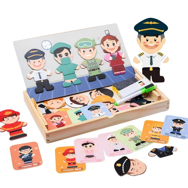 

Kids Wooden Toys Magnetic Character Career Cognitive Puzzle Multifunction Board Games Educational Toys Gifts for Children