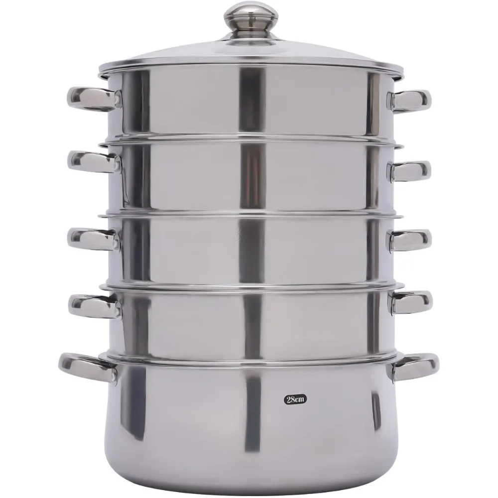 

5-Stage Steamer Stove Stackable Steamer Stainless Steel Glass Lid Steamer Silver