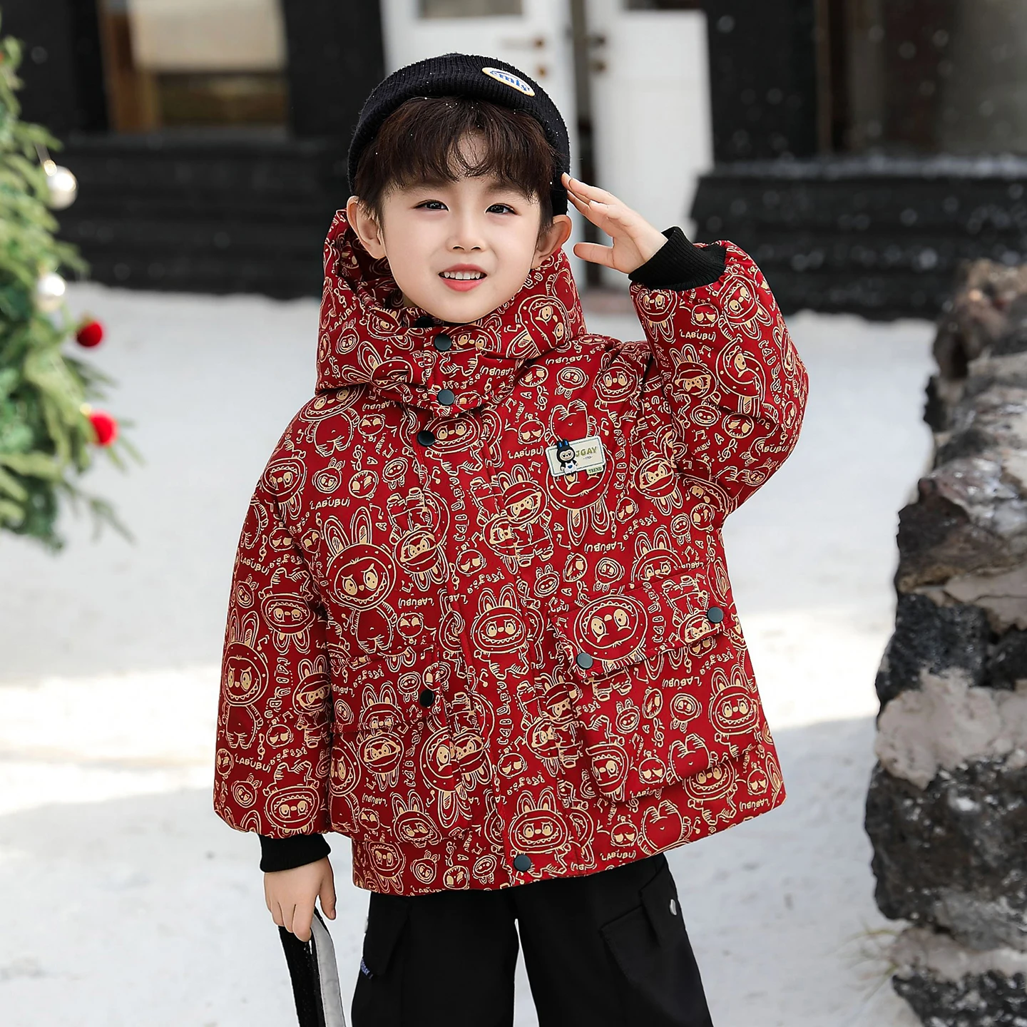 

Thiened Fce Cotton Jaet for Boys Winter Coat Warm Waterproof Hooded Zipper Closure Youth Trendy Baby Boy Clothes