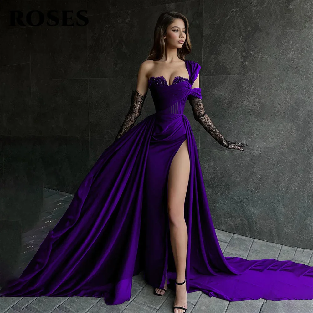 ROSES Red Side High Split Mermaid Evening Dresses One Shoulder Prom Dresses Sweetheart Stain Formal Occasion Dress Customized