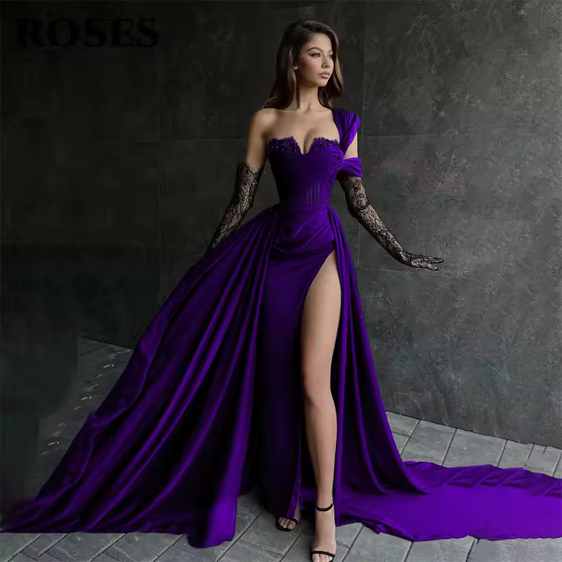 ROSES Red Side High Split Mermaid Evening Dresses One Shoulder Prom Dresses Sweetheart Stain Formal Occasion Dress Customized - Image 4