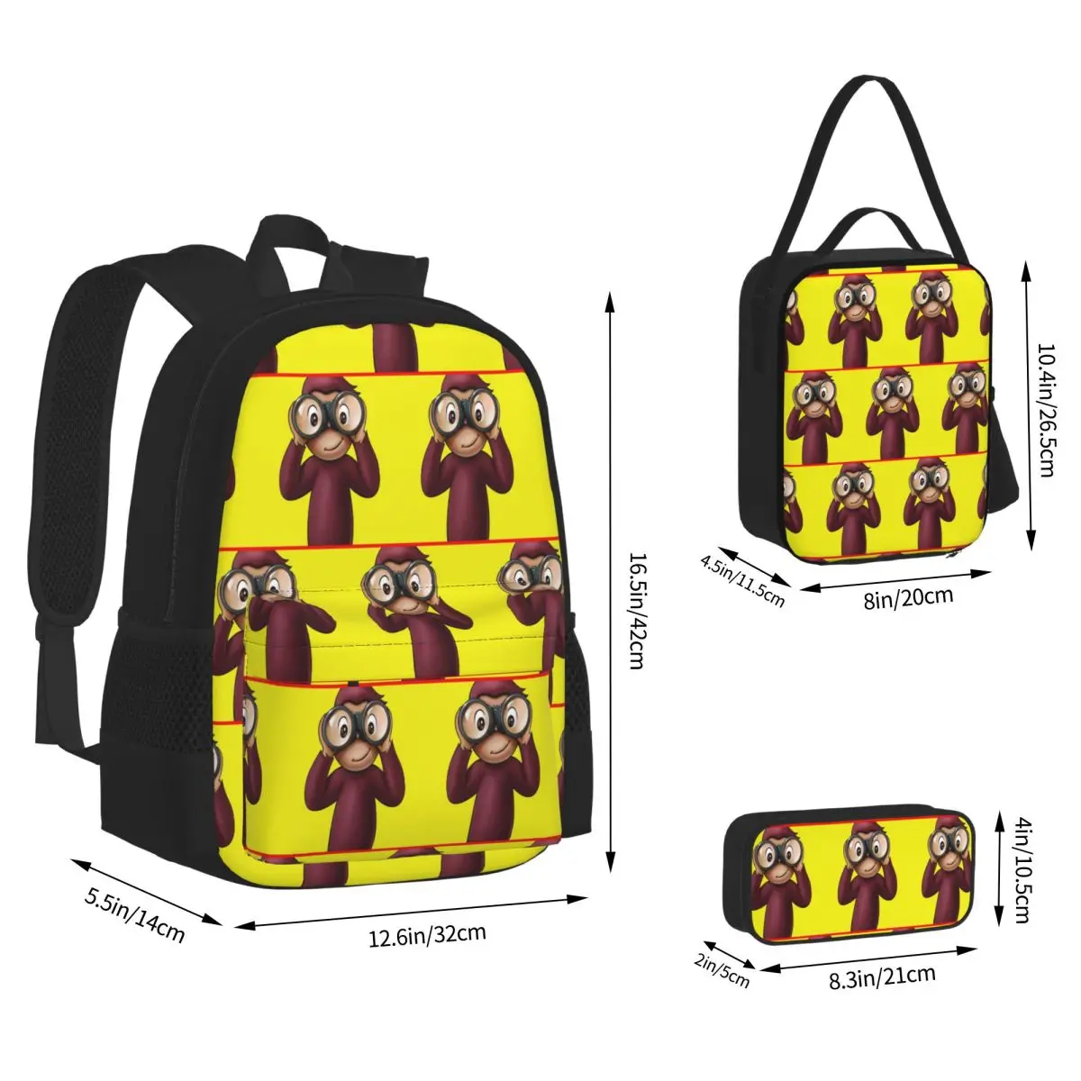 Curious George Backpacks Boys Girls Bookbag Children School Bags Kids Rucksack Lunch Bag Pen Bag Three-Piece Set