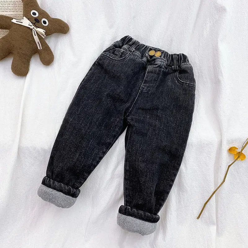 Kids Winter Boy Jeans Solid Color Fleece Thermal Casual Denim Trousers For Toddler Boys Clothes Cotton-padded 2T Baby Warm Pants