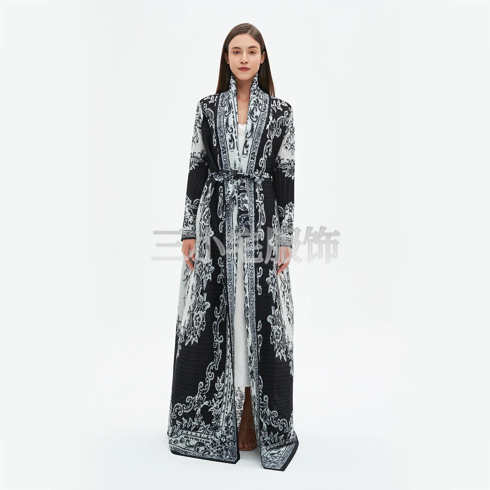 Pleats Pleated Long Sleeve Printed Dress Windbreak Women 2024 Winter New Original Designer Abayas Turndown Collar Belted Coats