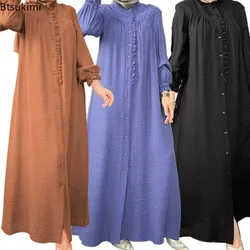 Moda musulmana Modest Abaya para mujeres Marruecos sólido Casual bata Puff manga Vestidos de noche de fiesta Mujer botón-up Vestidos largos