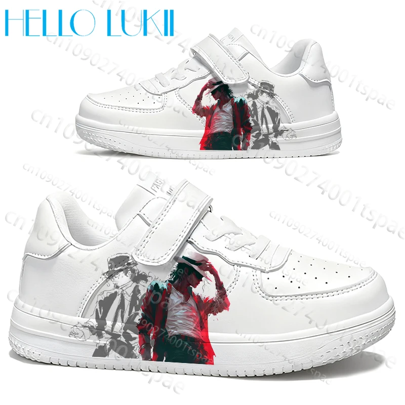 حذاء مايكل جاكسون للشباب والطلاب والأطفال باللون الأبيض للأولاد والبنات موديل جديد متين وطباعة نعل بلون سادة