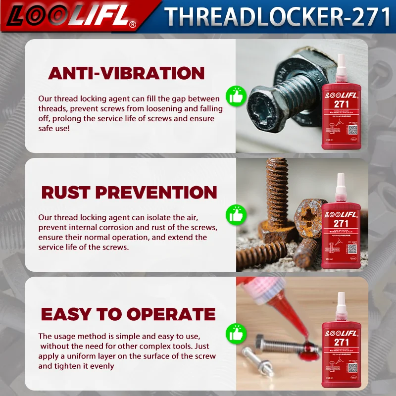 عامل قفل الخيط 271 لاصق خيط سريع الجفاف لاصق لاهوائي مقاوم للتآكل ومضاد للتخفيف، تلقائيًا