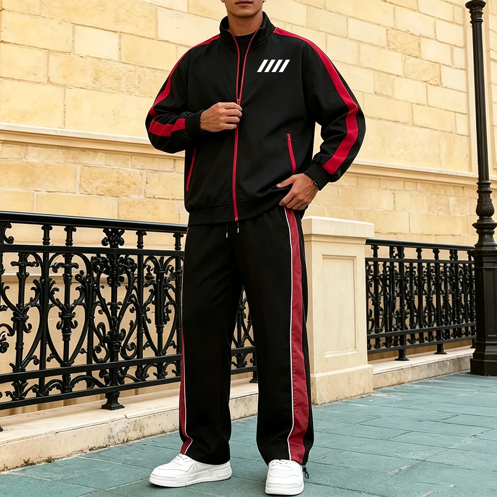 Men's Color Block Tracksuit Side Striped Full Zip Stand Collar Jacket Drawstring Hem Pants Slanted Stripe Print Casual Set