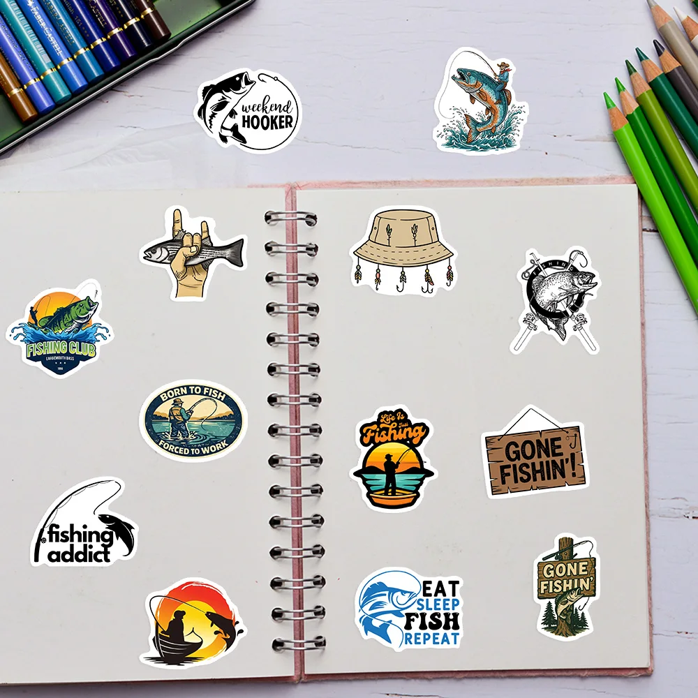 Fishing Theme Stickers DIY Decorative Waterproof Cool Outdoor Activity Vinyl Decal Gift Toy for Phone Luggage Bottles Journals