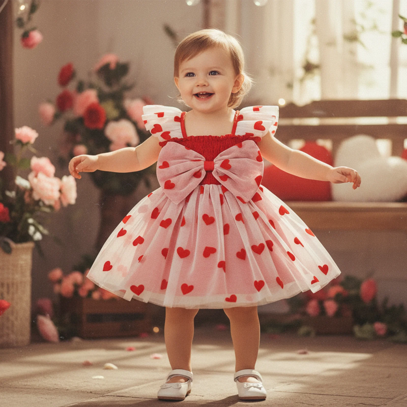 

1-4Y Toddler Girls Tulle Mesh Lace Princess Dress Heart 3D Bow Flutter Sleeve A-Line Valentine's Day Tutu Party Dresses